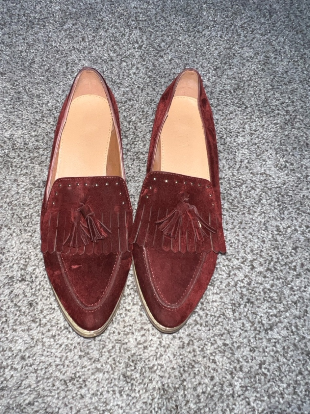 M&M'S Burgundy Suede Tassel Fringe Loafers